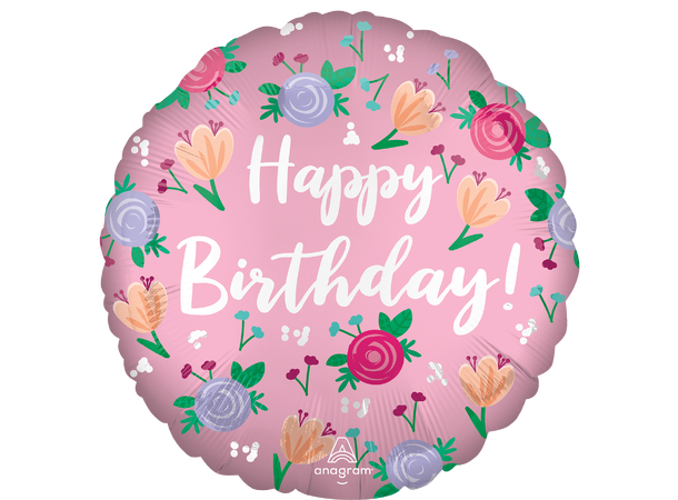 Satin Happy Birthday Peony 1 Folieballong - Rund - 18" (43cm) 