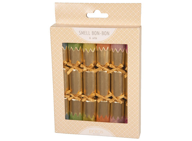 Smell Bon-Bon gull/ass farge m/sløyfe 6 stk 15 cm lange, med knall,vits & hatt 