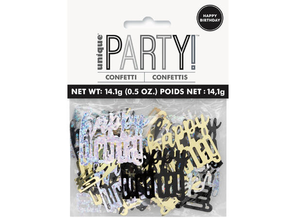Sort & Sølv Glitz - "Happy Birthday" 1 Pose Bordkonfetti - 15g