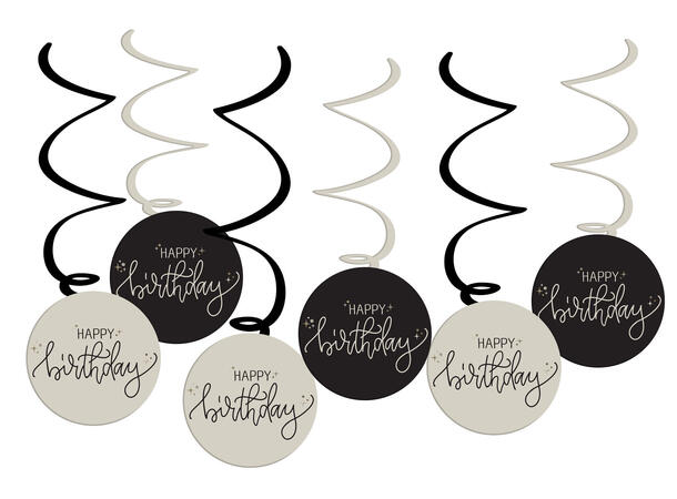 Creme Noir - "Happy Birthday" 6 Hengedekorasjoner i papir - 60cm