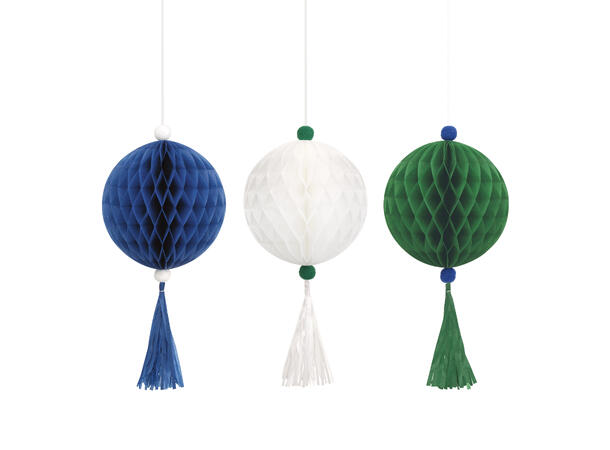 Grønn, Hvit og Blå 3 Honeycomb dekor m/Tassels