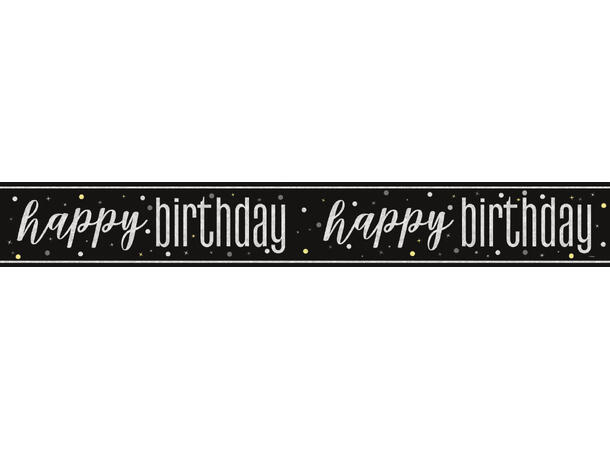Sort & Sølv Glitz - "Happy Birthday" 1 Foliebanner - 2,9m