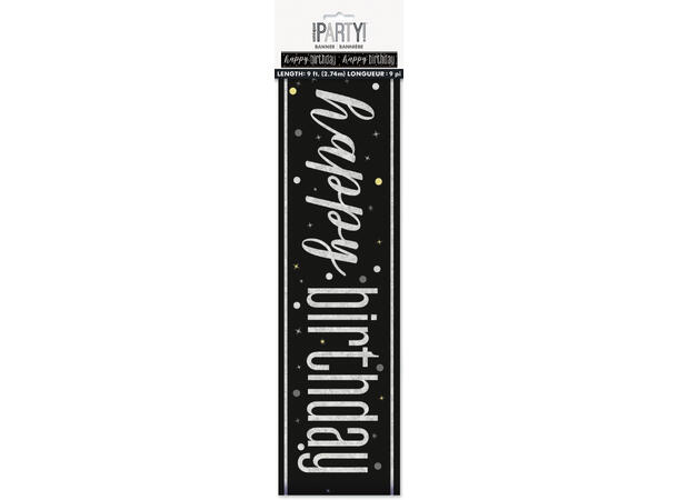 Sort & Sølv Glitz - "Happy Birthday" 1 Foliebanner - 2,9m
