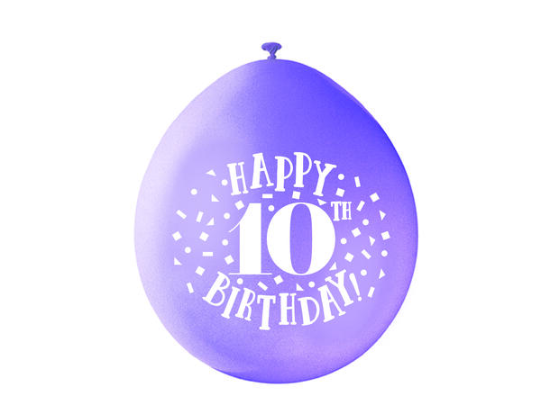 Bursdag - 10 År - 6 farger assotert 10 Gummiballonger - 25cm (10")