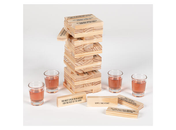 Drikkelek - Stabletårn m/ utfordringer Innhold 54 stableklosser, 4 shotteglass 