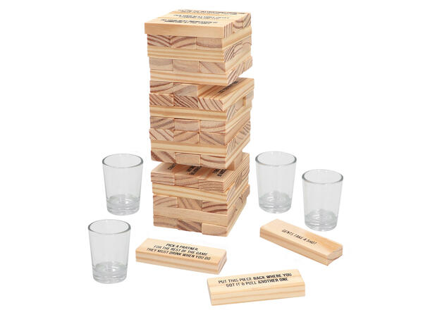 Drikkelek - Stabletårn m/ utfordringer Innhold 54 stableklosser, 4 shotteglass