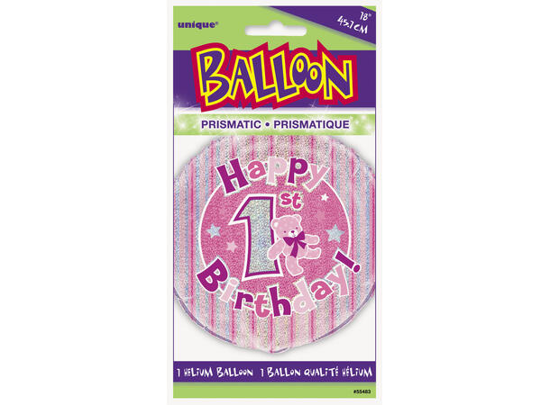 Prismatisk Happy 1st Birthday - Rosa 1 Folieballong - 46cm(18")