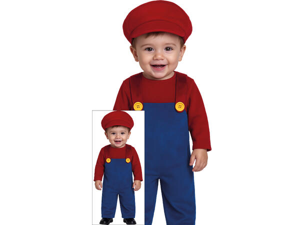 Baby Italiensk rørlegger - rød/blå 1 Babykostyme til gutt - Str 18-24 Mnd 
