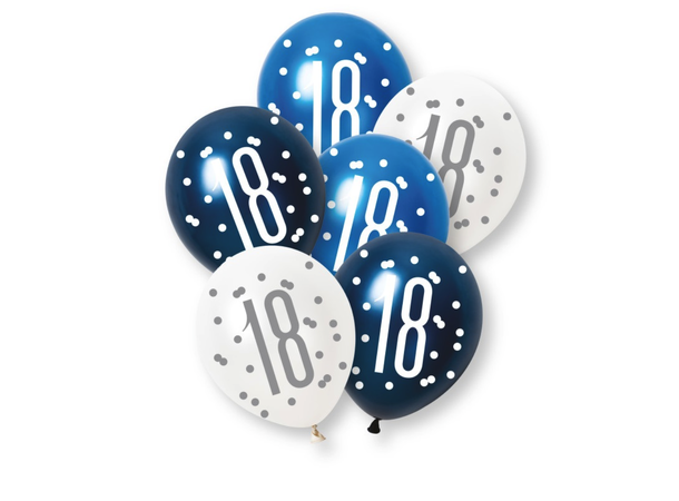 Blå & Sølv Glitz - #18 6 Gummiballonger - 30cm (12") - 3 farger
