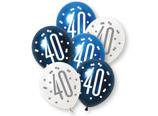 Blå & Sølv Glitz - #40 6 Gummiballonger - 30cm (12") - 3 farger