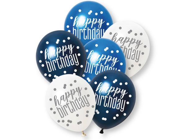 Blå & Sølv Glitz - "Happy Birthday" 6 Gummiballonger - 30cm (12") - 3 farger