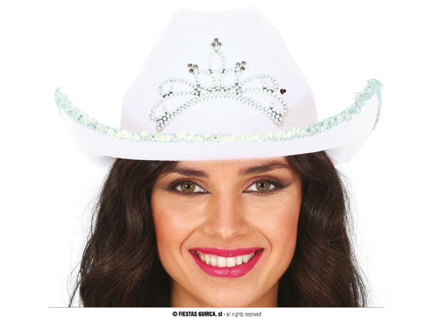 Cowboyhatt - Hvit m/krone og paljetter 1 Hatt i filt til dame - Onesize 
