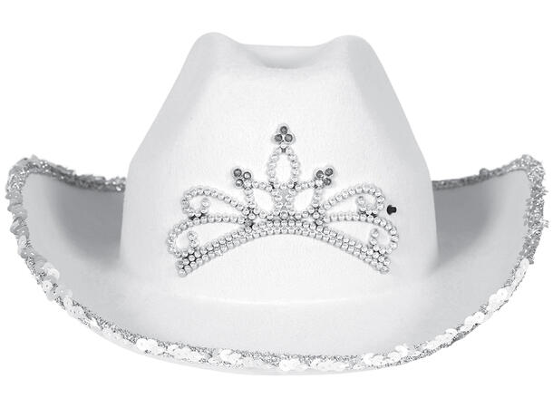 Cowboyhatt - Hvit m/krone og paljetter 1 Hatt i filt til dame - Onesize 