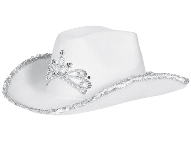 Cowboyhatt - Hvit m/krone og paljetter 1 Hatt i filt til dame - Onesize 