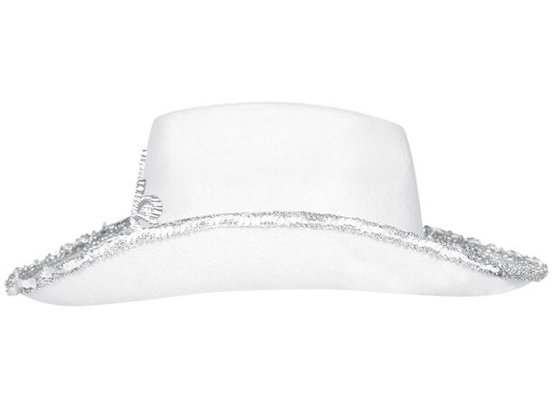 Cowboyhatt - Hvit m/krone og paljetter 1 Hatt i filt til dame - Onesize 