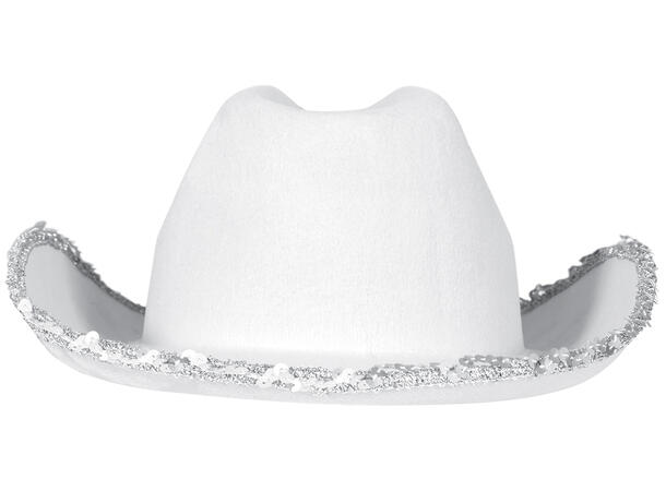 Cowboyhatt - Hvit m/krone og paljetter 1 Hatt i filt til dame - Onesize 