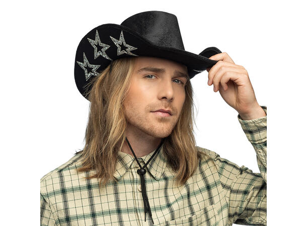 Cowboyhatt - Sort m/stjerner i sølv 1 Hatt til voksen - Onesize 