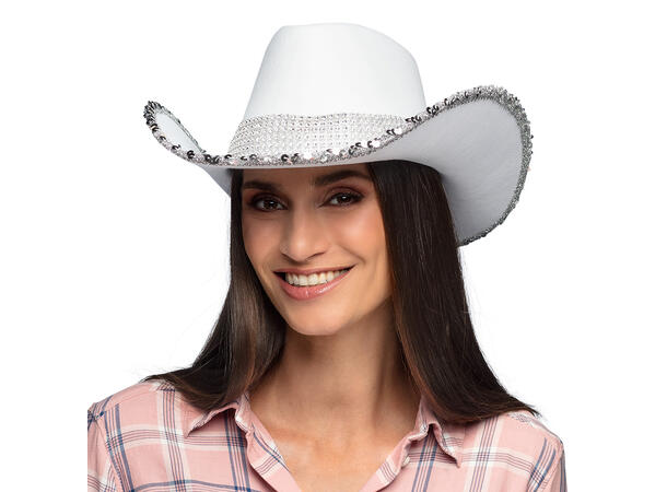 Cowboyhatt m/paljetter - Hvit 1 Hatt til voksen - Onesize 