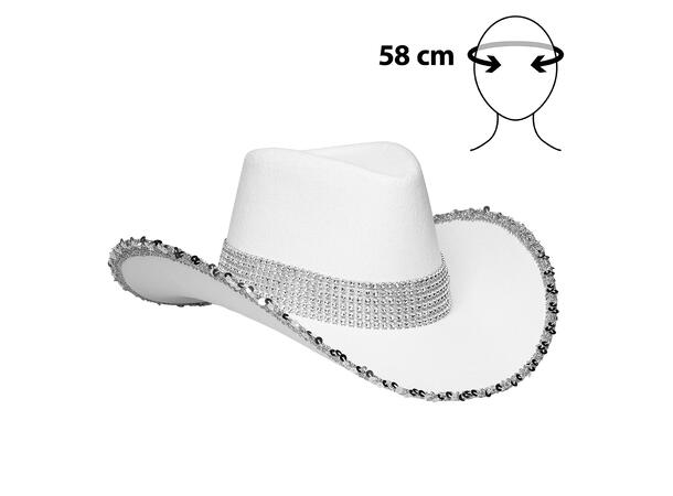 Cowboyhatt m/paljetter - Hvit 1 Hatt til voksen - Onesize 