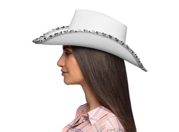 Cowboyhatt m/paljetter - Hvit 1 Hatt til voksen - Onesize 