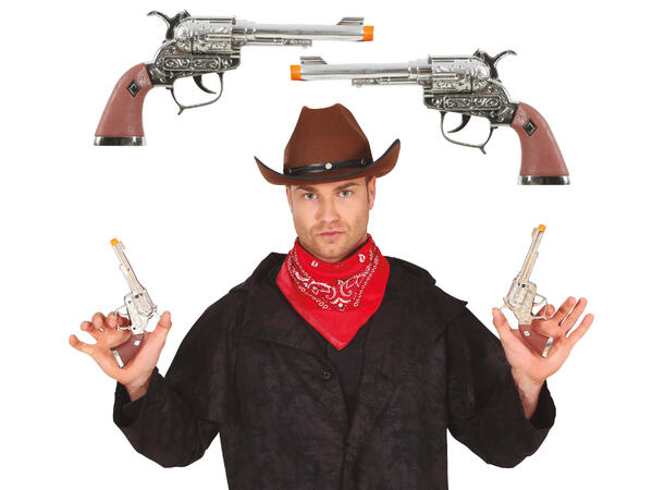 Cowboypistoler - sølv m/mønster 2 Lekespistoler i plast - 25cm 