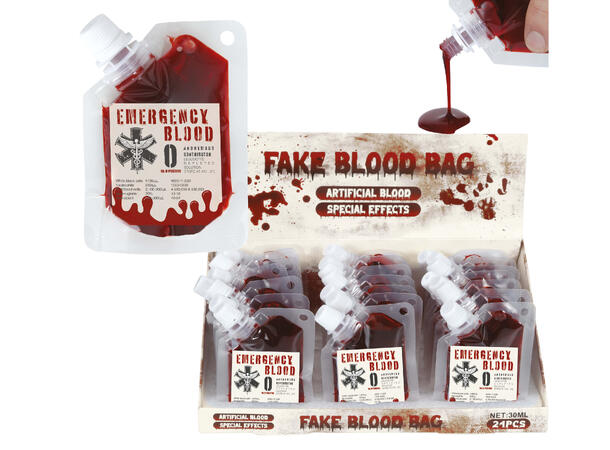 Falskt blod i poser Display med 18 poser blod - 30ml 