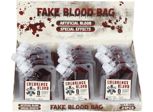 Falskt blod i poser Display med 24 poser blod - 30ml 