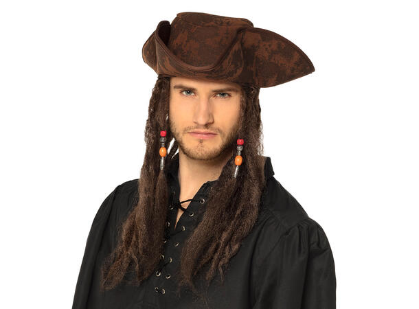 Pirathatt m/hår - Brun 1 Hatt til voksen - Onesize 