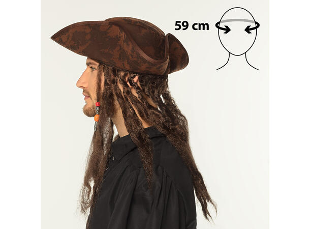 Pirathatt m/hår - Brun 1 Hatt til voksen - Onesize 
