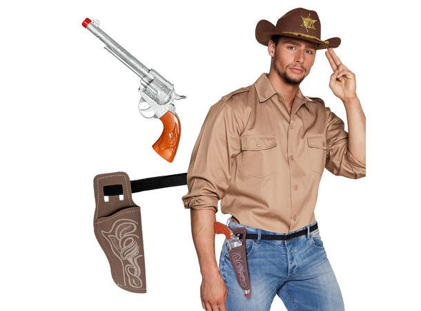 Pistolbelte og pistol til voksen -Cowboy 1 Belte (120cm) og pistol i plast (30cm) 