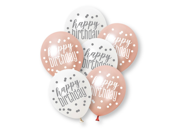 Rosegull Glitz - "Happy Birthday" 6 Gummiballonger - 30cm (12") - 2 farger
