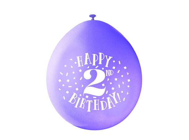 Bursdag - 2 År - 6 farger assotert 10 Gummiballonger - 25cm (10")
