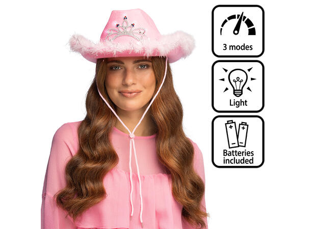 Cowboyhatt - Rosa med pels og LED-lys 1 hatt - onesize - incl batterier 