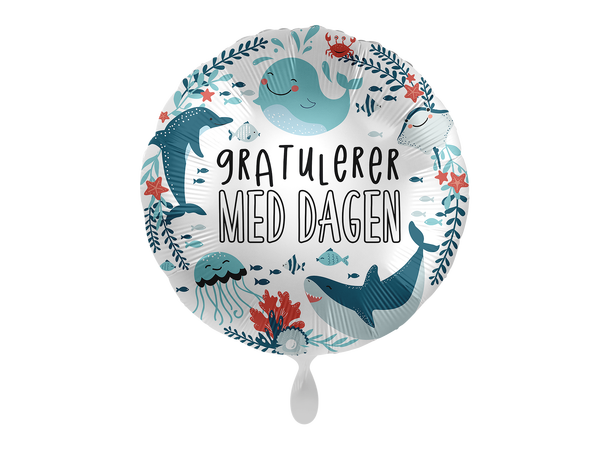 Gratulerer med dagen - Sjødyr 1 Folieballong rund - 17" - (43cm) 