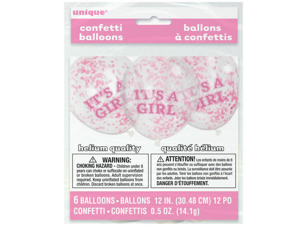 Konfettiballonger - It's a Girl 6 Konfettiballonger - 30cm (12")