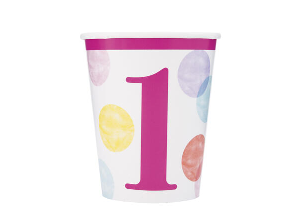 Rosa Dots Første Bursdag 8 Kopper i papp - 2,5dl