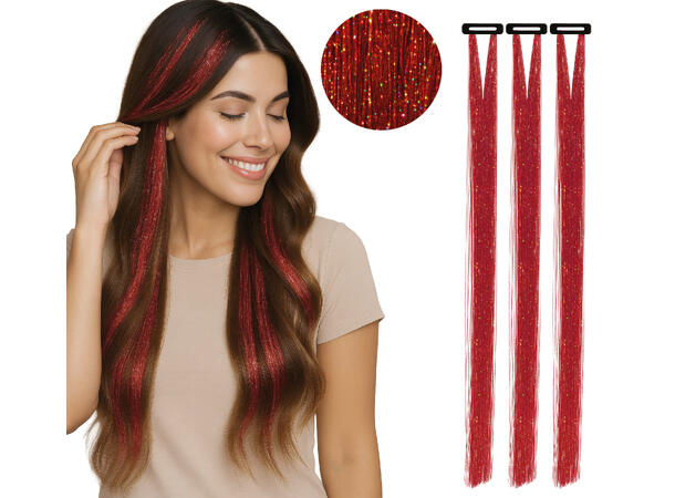 3 Hairextesion - Glitter Rød 3 Hairekstesions - 50cm 