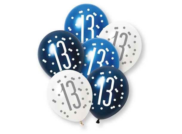 Blå & Sølv Glitz - #13 6 Gummiballonger - 30cm (12") - 3 farger