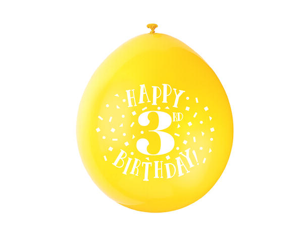 Bursdag - 3 År - 6 farger assotert 10 Gummiballonger - 25cm (10")