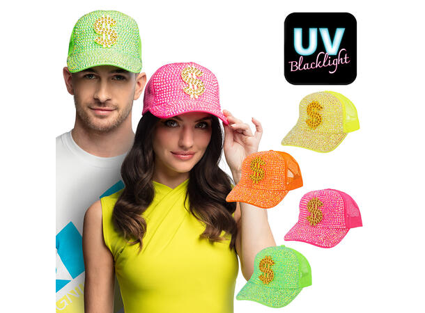 Caps - Neon m/"$"-tegn - 4 farger ass. 1 Caps til voksen - Onesize 