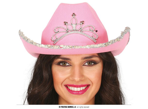 Cowboyhatt - Rosa m/krone og paljetter 1 Hatt i filt til dame - Onesize 