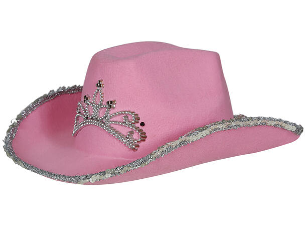 Cowboyhatt - Rosa m/krone og paljetter 1 Hatt i filt til dame - Onesize 