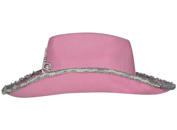 Cowboyhatt - Rosa m/krone og paljetter 1 Hatt i filt til dame - Onesize 