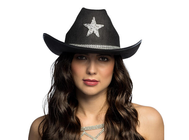 Cowboyhatt - Sort m/glitter stjerne 1 Hatt til voksen - Onesize 