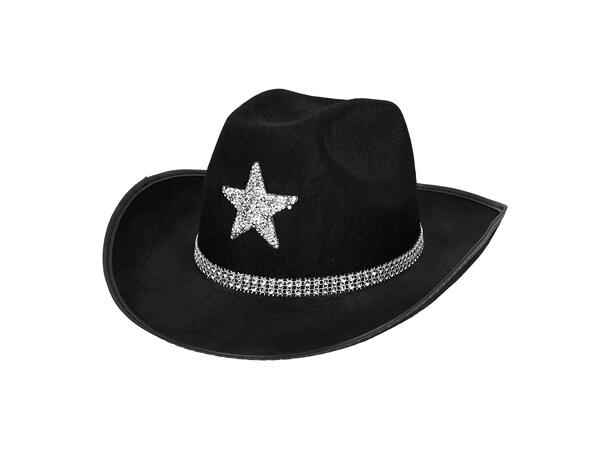 Cowboyhatt - Sort m/glitter stjerne 1 Hatt til voksen - Onesize 