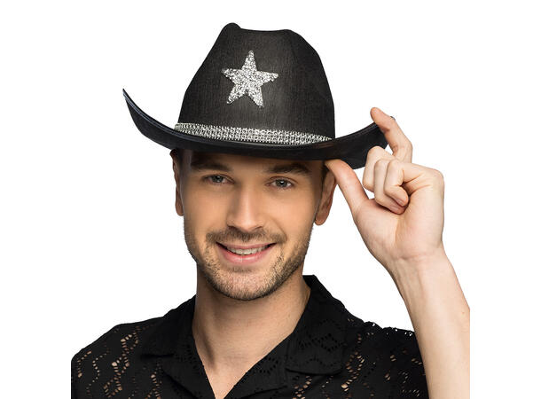 Cowboyhatt - Sort m/glitter stjerne 1 Hatt til voksen - Onesize 