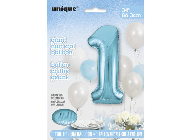 Ensfarget Lys Blå tallballong - #1 1 Folieballong - 86cm (34")
