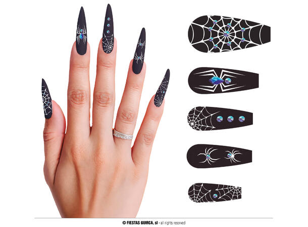 Falske negler lange - Edderkopp 12 falske negler m/krystaller og lim 