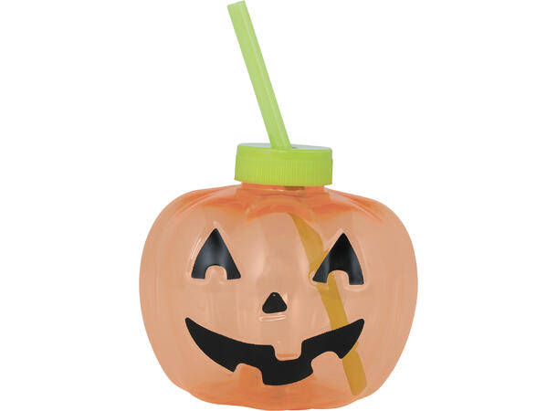 Gresskarkopp m/lys 1 Kopp m/lokk og sugerør m/lys - 17cm 