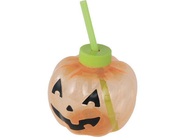 Gresskarkopp m/lys 1 Kopp m/lokk og sugerør m/lys - 17cm 